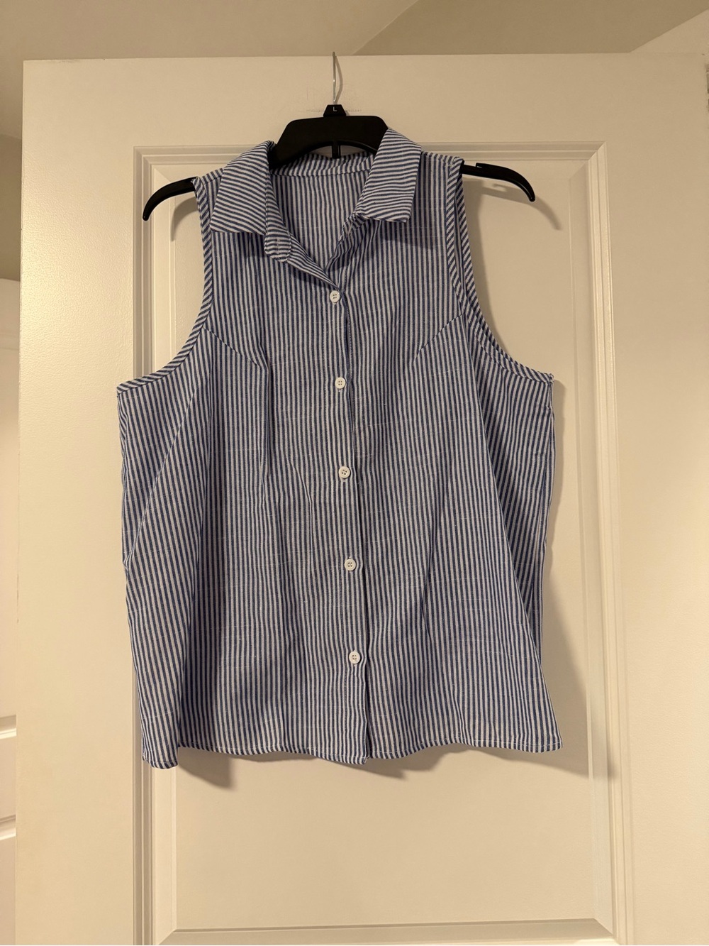 Macy's Blue and White Striped Sleeveless Button-Down Top